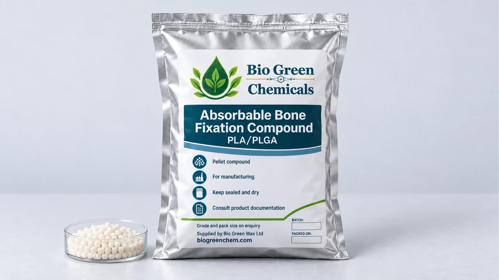 Absorbable Bone Fixation Compound (PLA/PLGA) – Biopolymers & compostable compounds product from Bio Green Chem