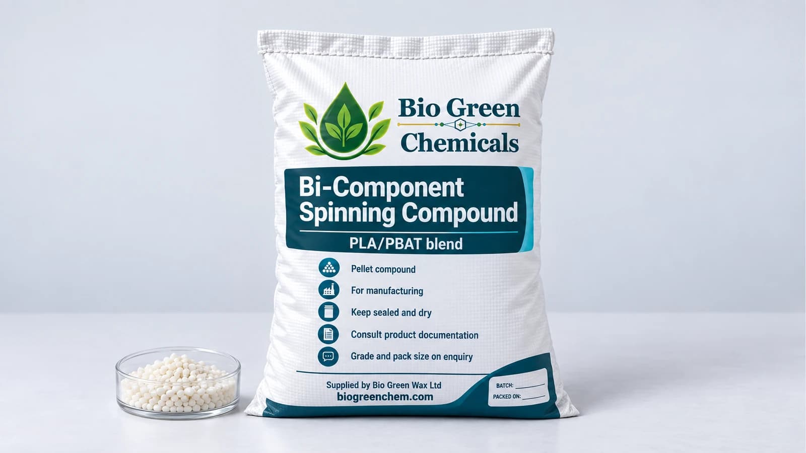 Bi-Component Spinning Compound (PLA/PBAT) – Biopolymers & compostable compounds product from Bio Green Chem