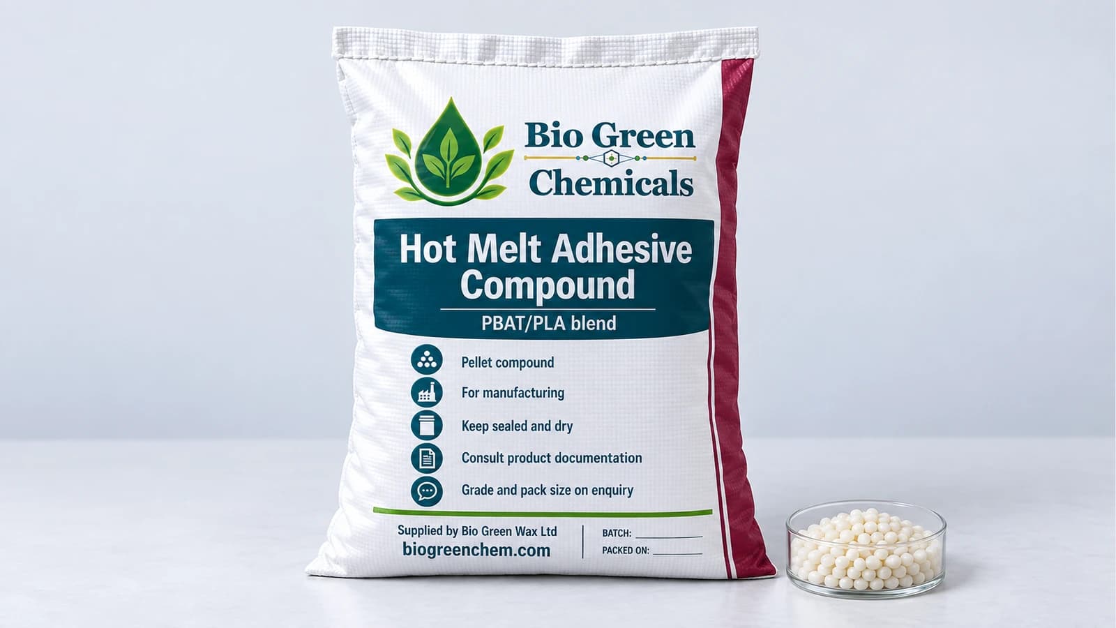 Biodegradable Hot Melt Adhesive Compound (PBAT/PLA) – Biopolymers & compostable compounds product from Bio Green Chem