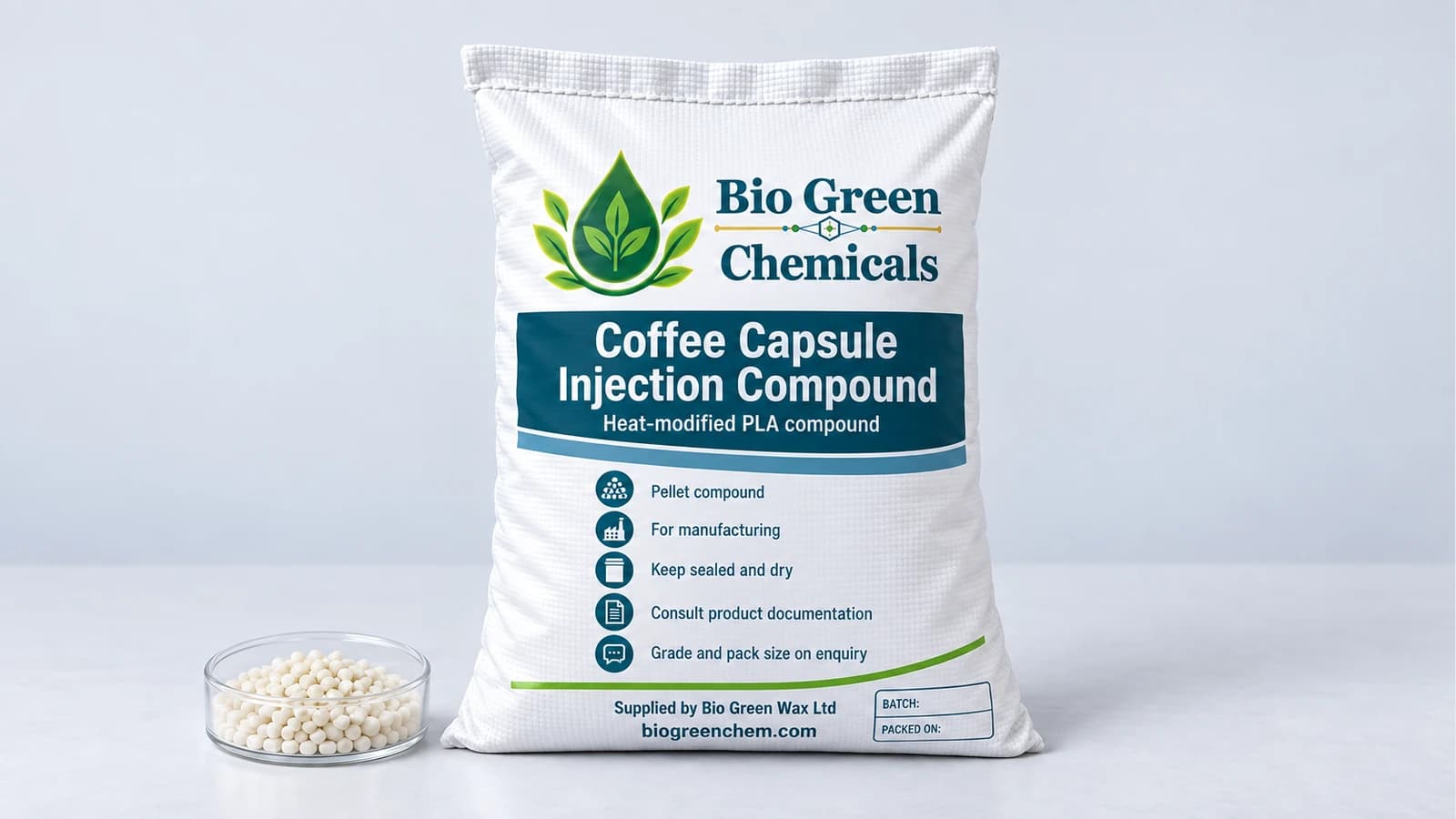 Coffee Capsule Injection Compound (95C, FDA) – Biopolymers & compostable compounds product from Bio Green Chem