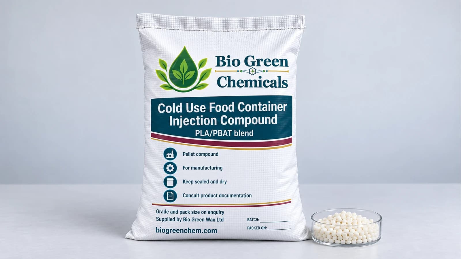 Cold Use Food Container Injection Compound (PLA/PBAT, FDA) – Biopolymers & compostable compounds product from Bio Green Chem