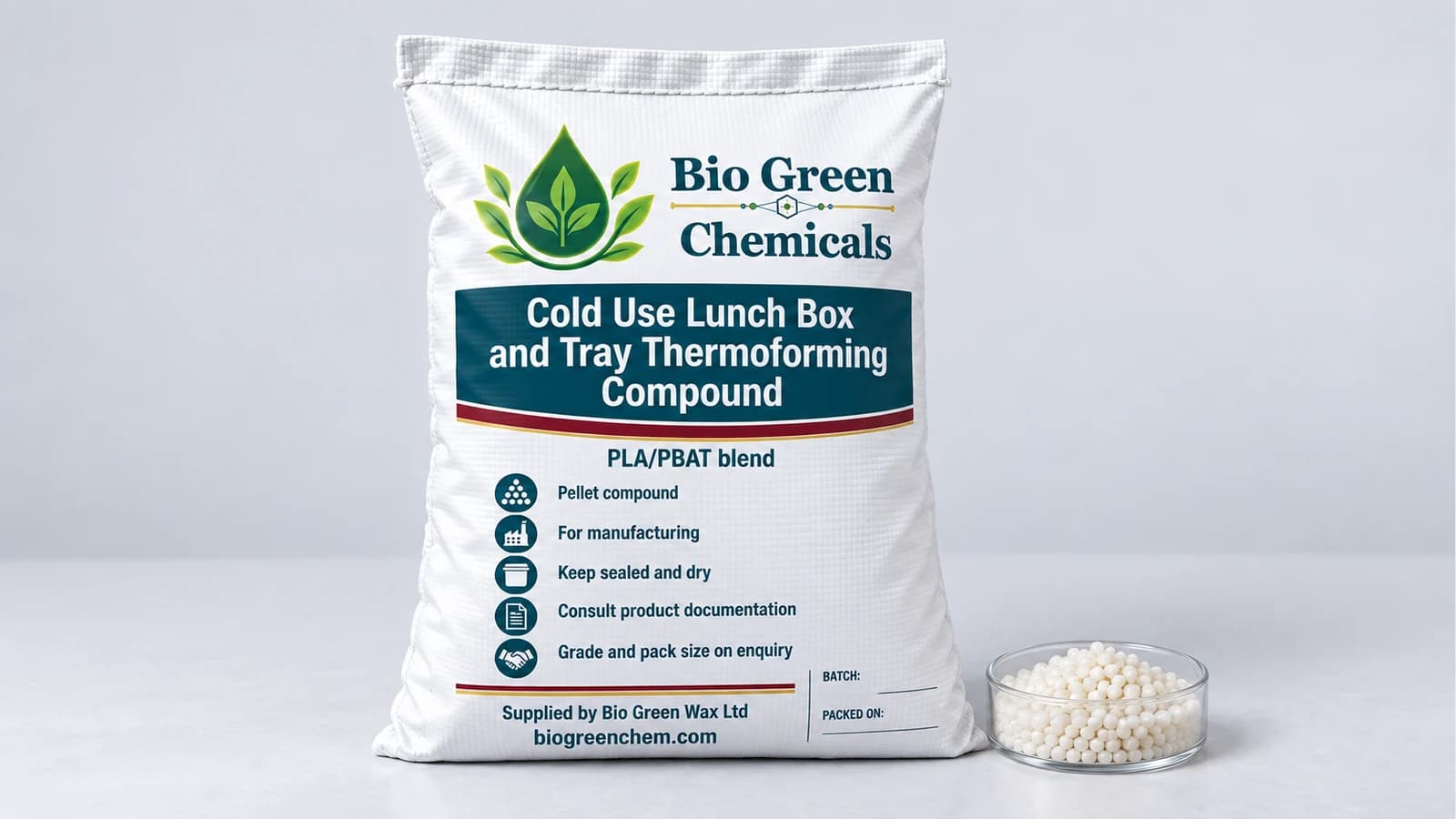 Cold Use Lunch Box and Tray Thermoforming Compound (PLA/PBAT, FDA) – Biopolymers & compostable compounds product from Bio Green Chem
