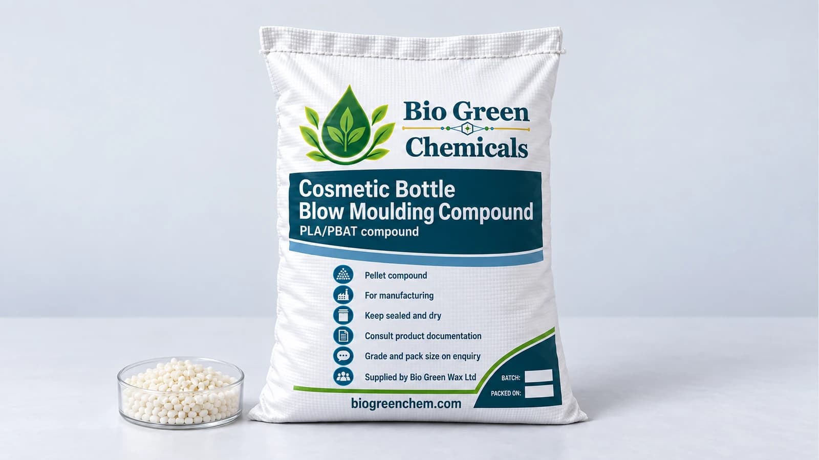Cosmetic Bottle Blow Moulding Compound (FDA) – Biopolymers & compostable compounds product from Bio Green Chem