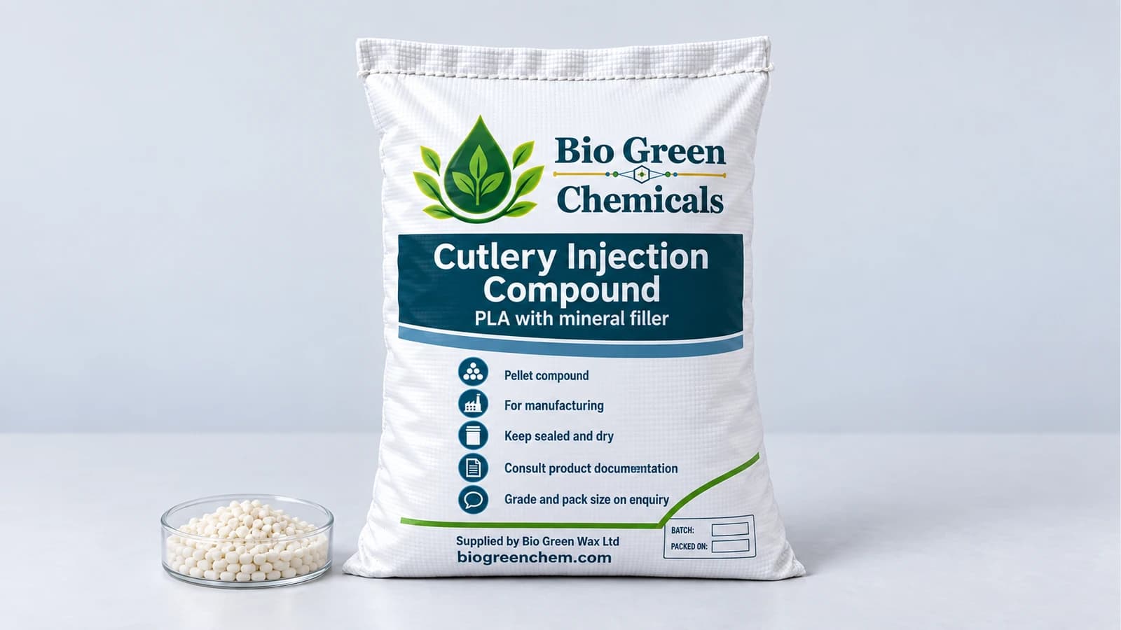 Cutlery Injection Compound (PLA + Mineral Filler, FDA, 85C) – Biopolymers & compostable compounds product from Bio Green Chem
