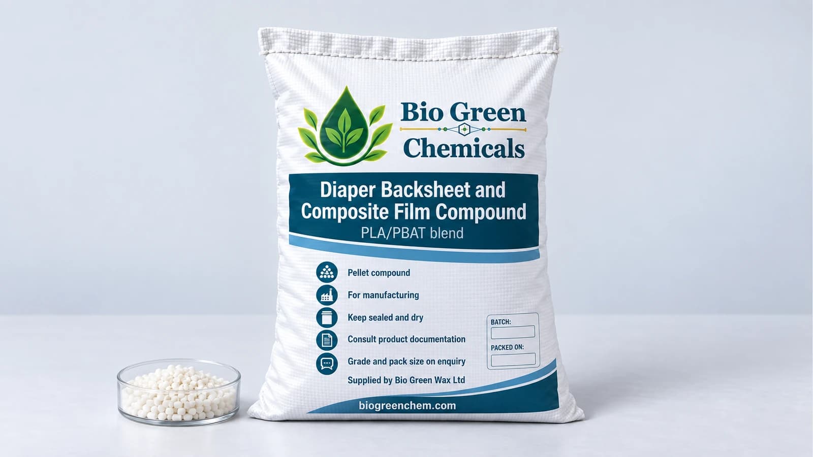 Diaper Backsheet and Composite Film Compound (PLA/PBAT) – Biopolymers & compostable compounds product from Bio Green Chem