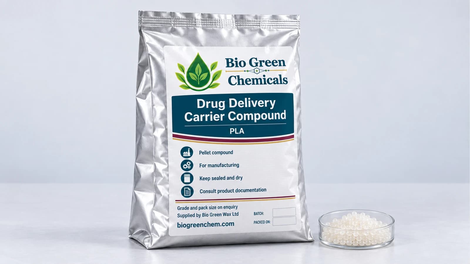 Drug Delivery Carrier Compound (PLA) – Biopolymers & compostable compounds product from Bio Green Chem