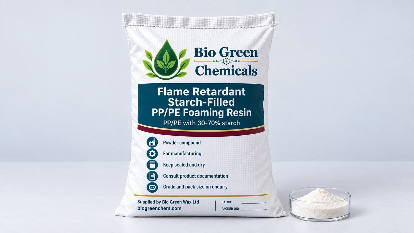Flame Retardant Starch-Filled PP/PE Foaming Resin – Biopolymers & compostable compounds product from Bio Green Chem