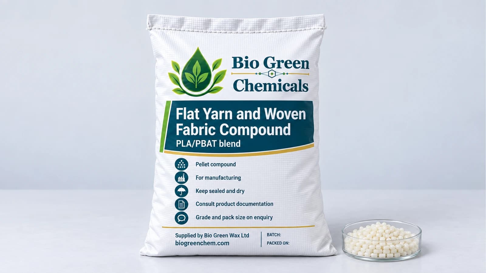 Flat Yarn and Woven Fabric Compound (PLA/PBAT) – Biopolymers & compostable compounds product from Bio Green Chem