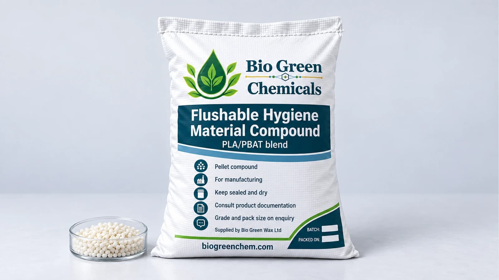 Flushable Hygiene Material Compound (PLA/PBAT) – Biopolymers & compostable compounds product from Bio Green Chem