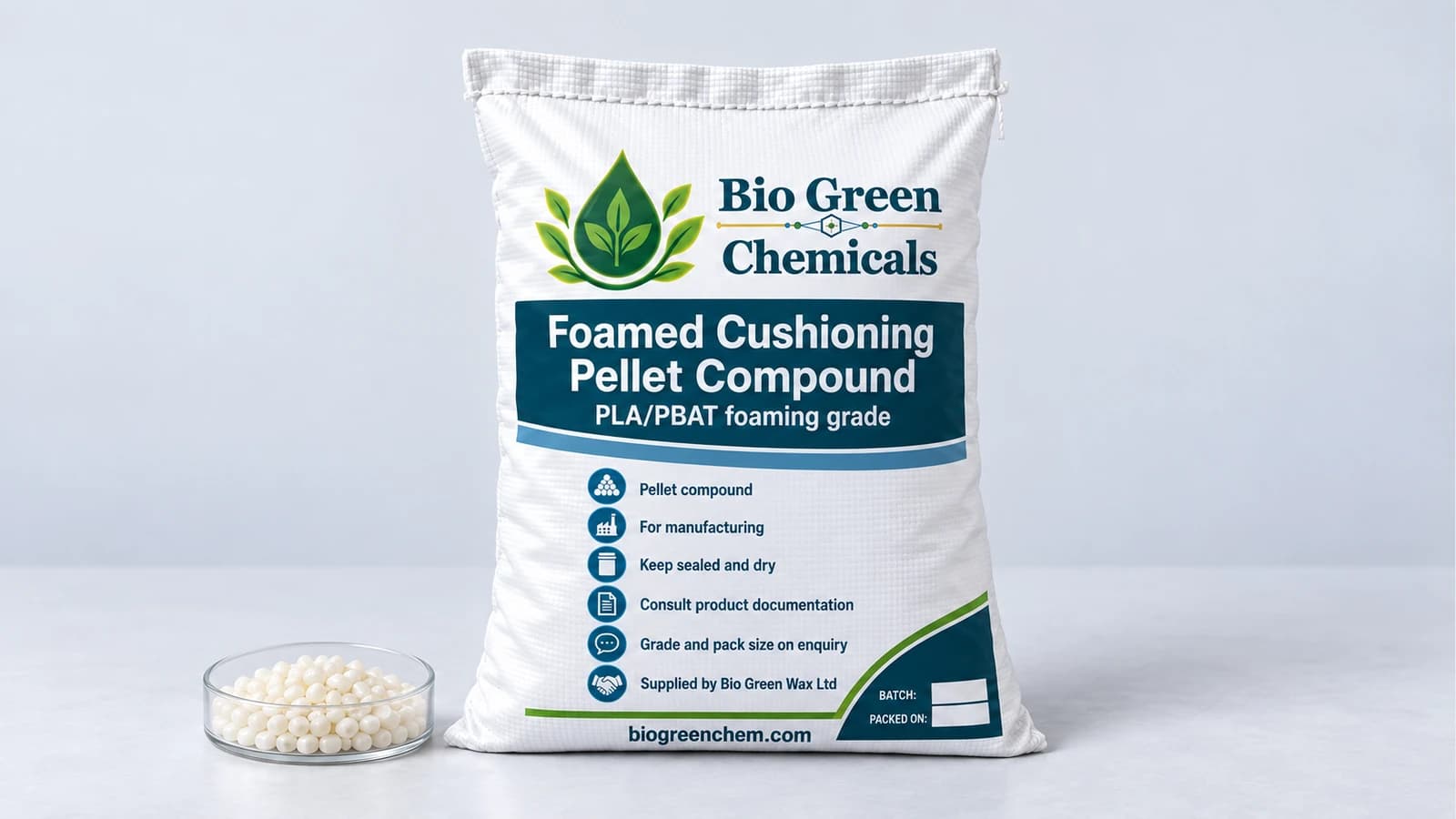 Foamed Cushioning Pellet Compound (PLA/PBAT) – Biopolymers & compostable compounds product from Bio Green Chem