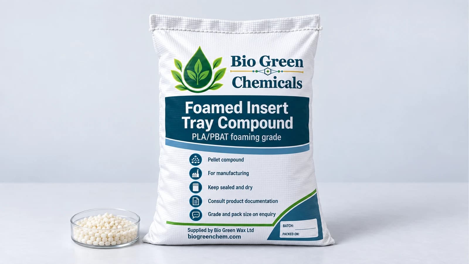 Foamed Insert Tray Compound (PLA/PBAT) – Biopolymers & compostable compounds product from Bio Green Chem
