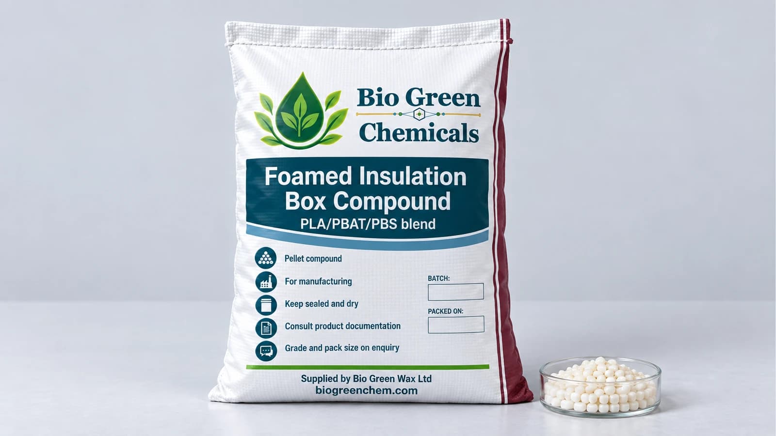 Foamed Insulation Box Compound (PLA/PBAT/PBS) – Biopolymers & compostable compounds product from Bio Green Chem