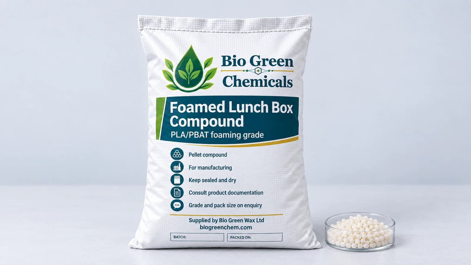Foamed Lunch Box Compound (PLA/PBAT) – Biopolymers & compostable compounds product from Bio Green Chem