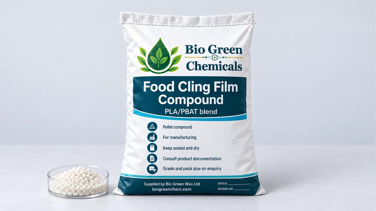 Food Cling Film Compound (PLA/PBAT, FDA) – Biopolymers & compostable compounds product from Bio Green Chem