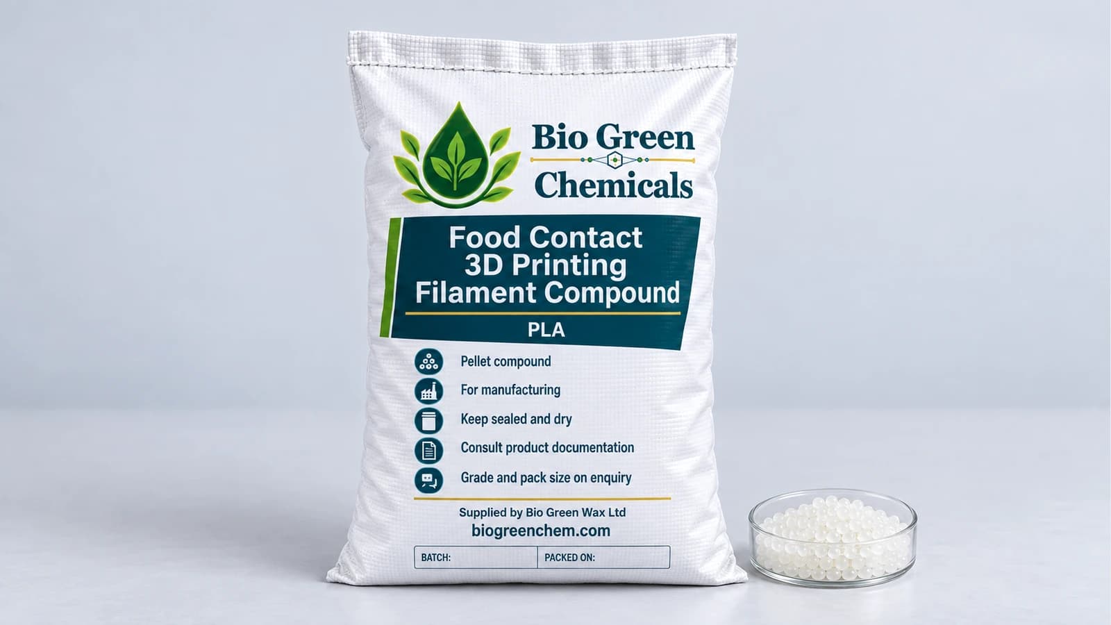 Food Contact 3D Printing Filament Compound (PLA, FDA) – Biopolymers & compostable compounds product from Bio Green Chem
