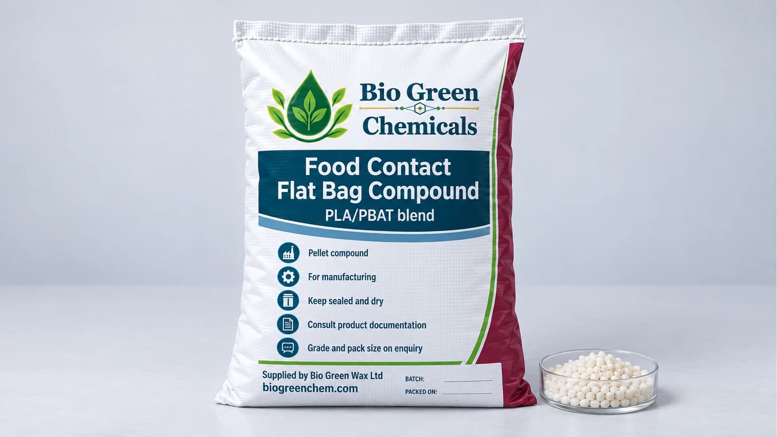 Food Contact Flat Bag Compound (PLA/PBAT, FDA) – Biopolymers & compostable compounds product from Bio Green Chem