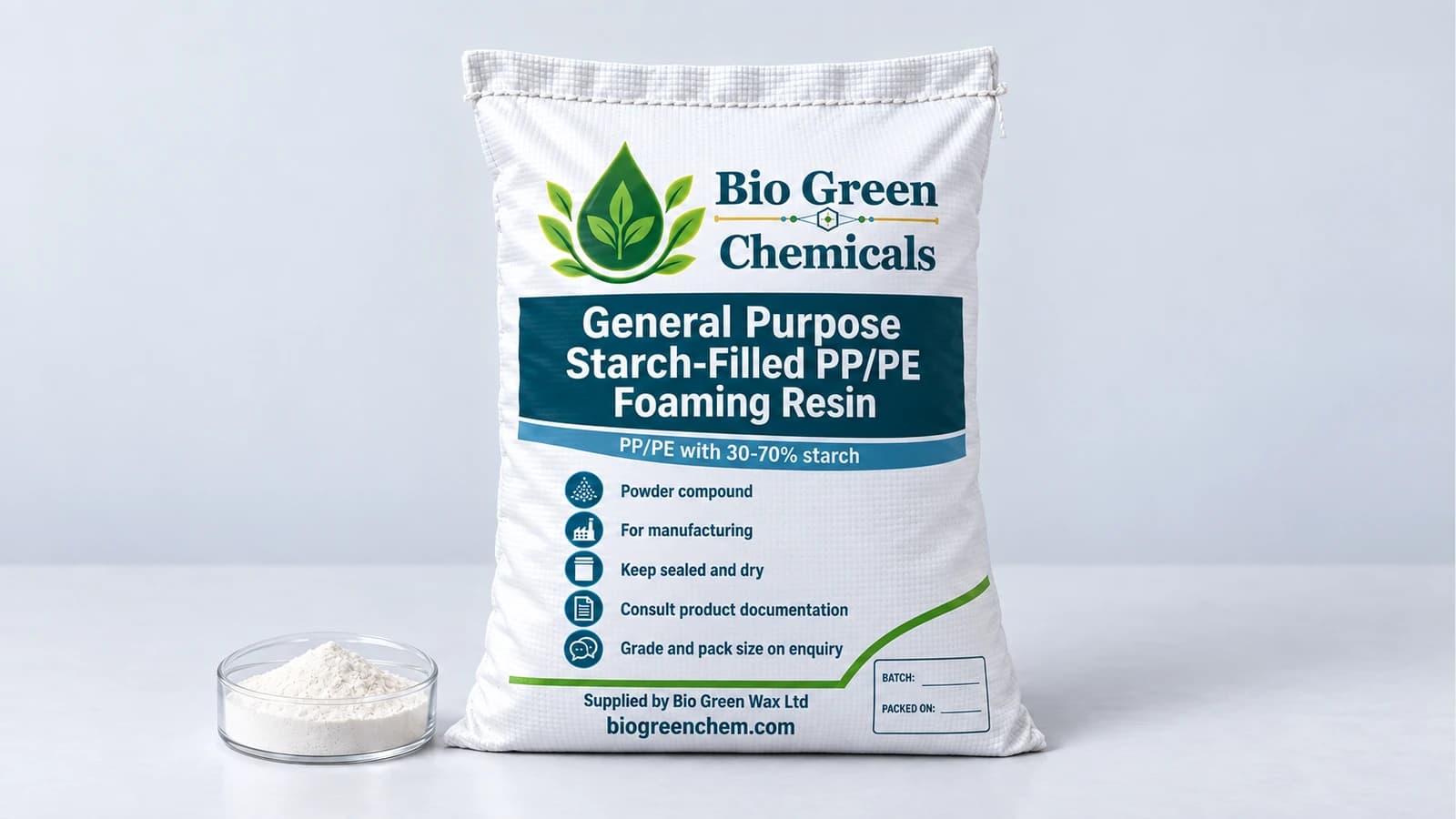 General Purpose Starch-Filled PP/PE Foaming Resin – Biopolymers & compostable compounds product from Bio Green Chem