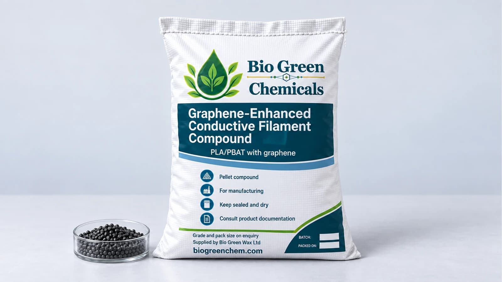 Graphene-Enhanced Conductive Filament Compound (PLA/PBAT) – Biopolymers & compostable compounds product from Bio Green Chem
