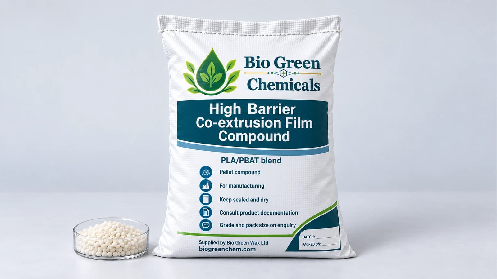 High Barrier Co-extrusion Film Compound (PLA/PBAT) – Biopolymers & compostable compounds product from Bio Green Chem
