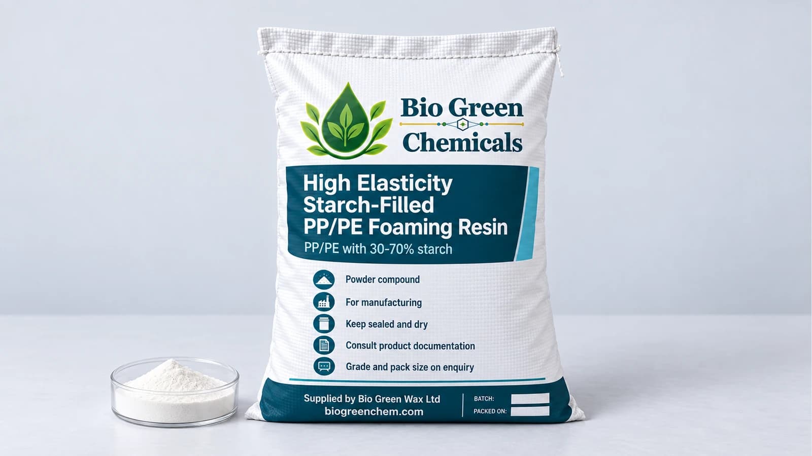 High Elasticity Starch-Filled PP/PE Foaming Resin – Biopolymers & compostable compounds product from Bio Green Chem