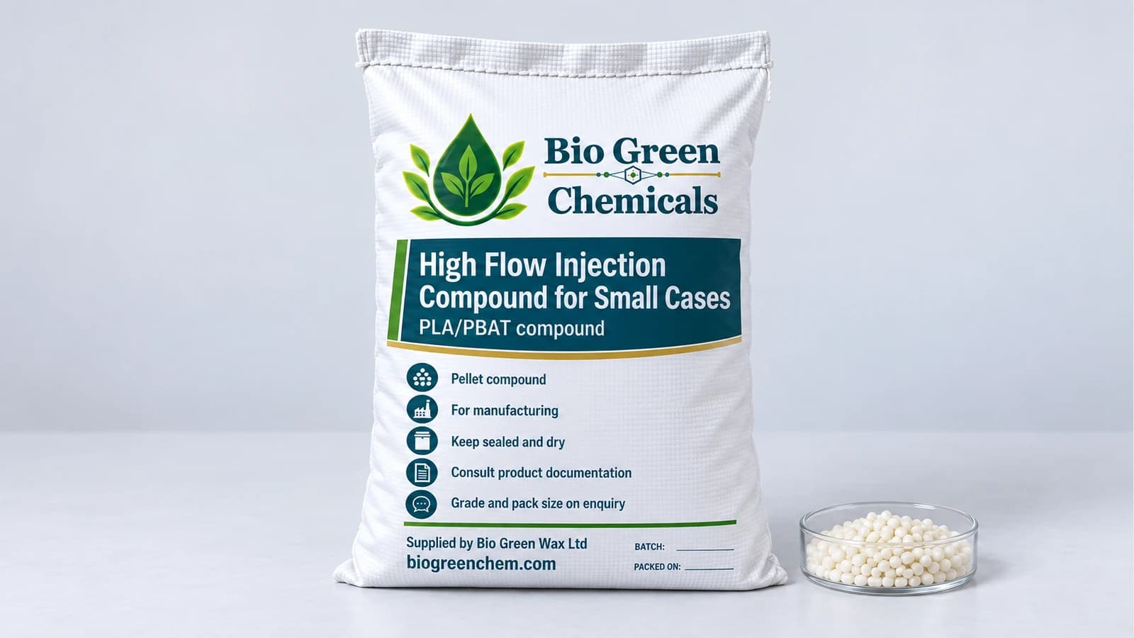 High Flow Injection Compound for Small Cases – Biopolymers & compostable compounds product from Bio Green Chem