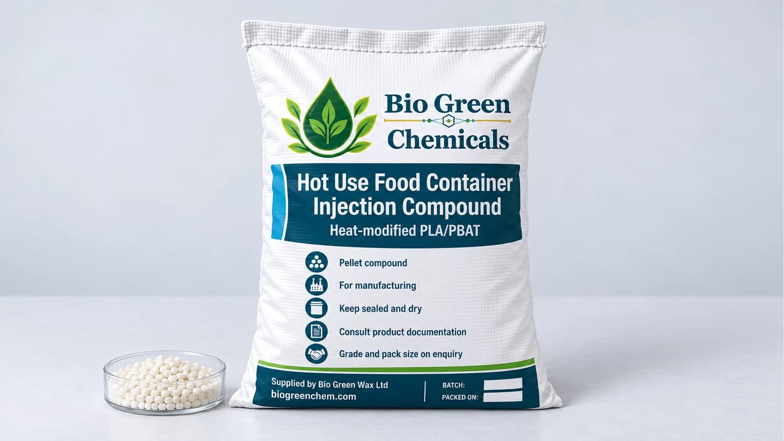 Hot Use Food Container Injection Compound (80C, Microwaveable, FDA) – Biopolymers & compostable compounds product from Bio Green Chem