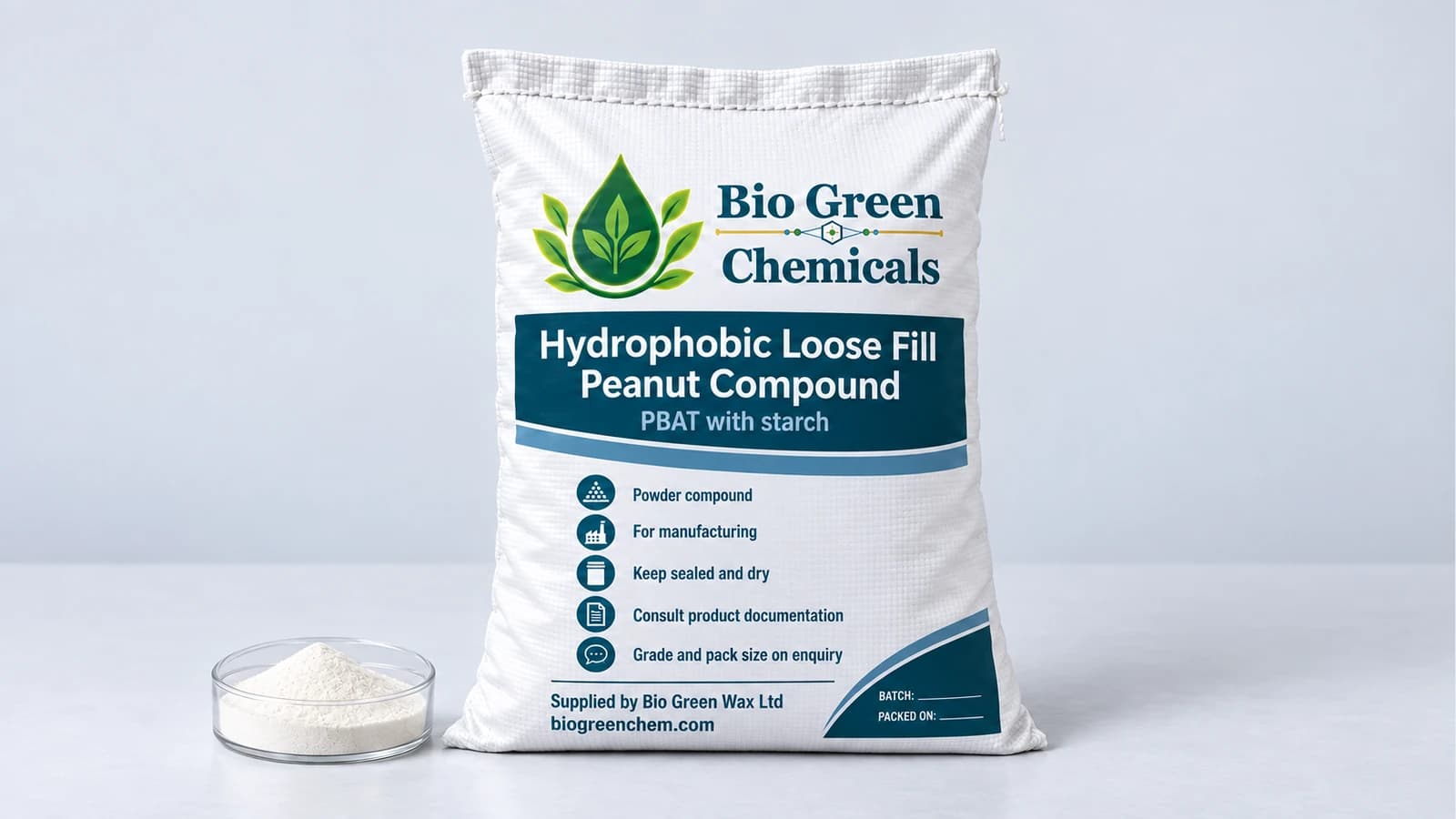 Hydrophobic Loose Fill Peanut Compound (PBAT/Starch) – Biopolymers & compostable compounds product from Bio Green Chem