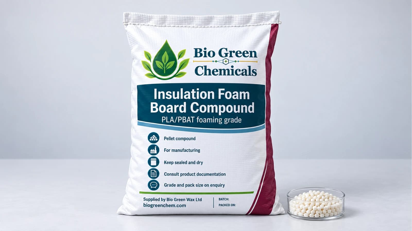 Insulation Foam Board Compound (PLA/PBAT) – Biopolymers & compostable compounds product from Bio Green Chem