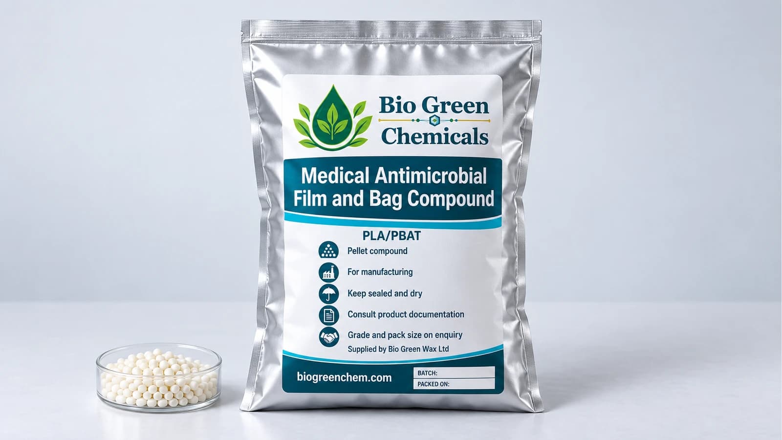 Medical Antimicrobial Film and Bag Compound (PLA/PBAT) – Biopolymers & compostable compounds product from Bio Green Chem
