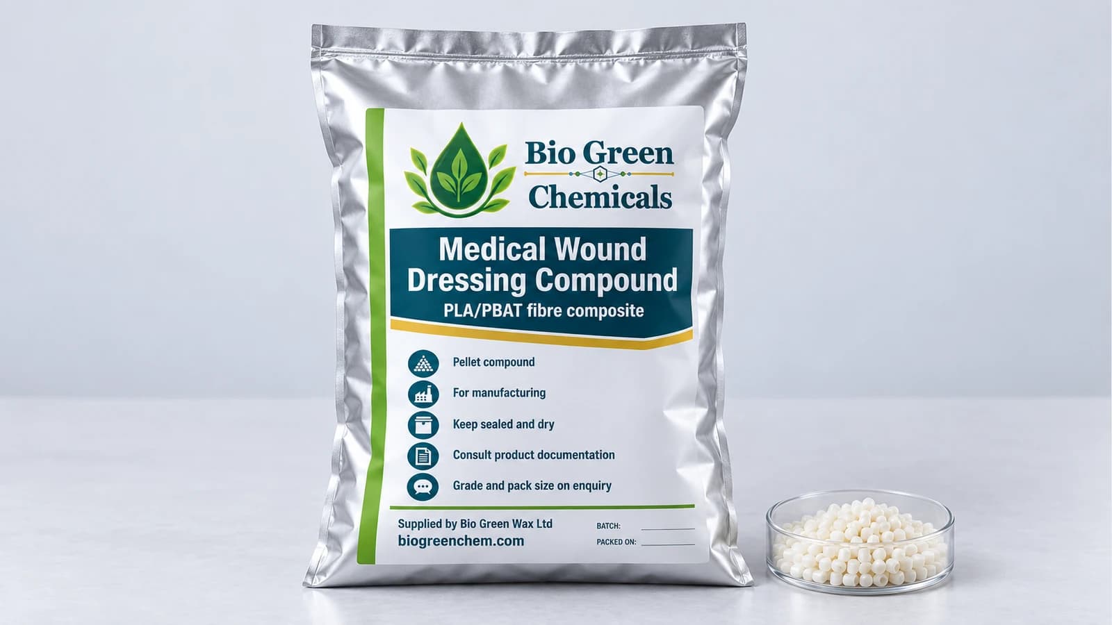 Medical Wound Dressing Compound (PLA/PBAT Fibre Composite) – Biopolymers & compostable compounds product from Bio Green Chem