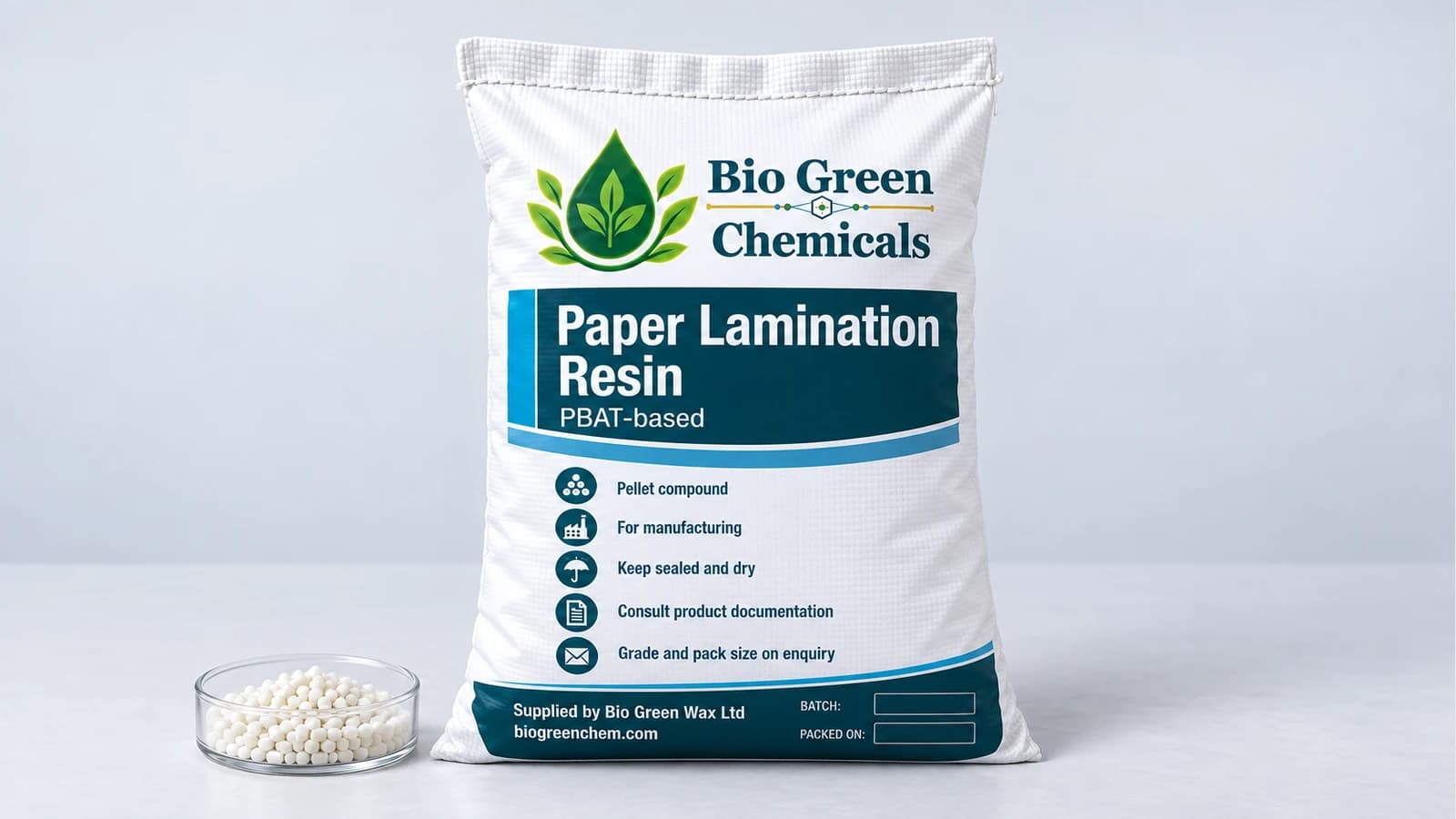 Paper Lamination Resin (PBAT-Based) – Biopolymers & compostable compounds product from Bio Green Chem