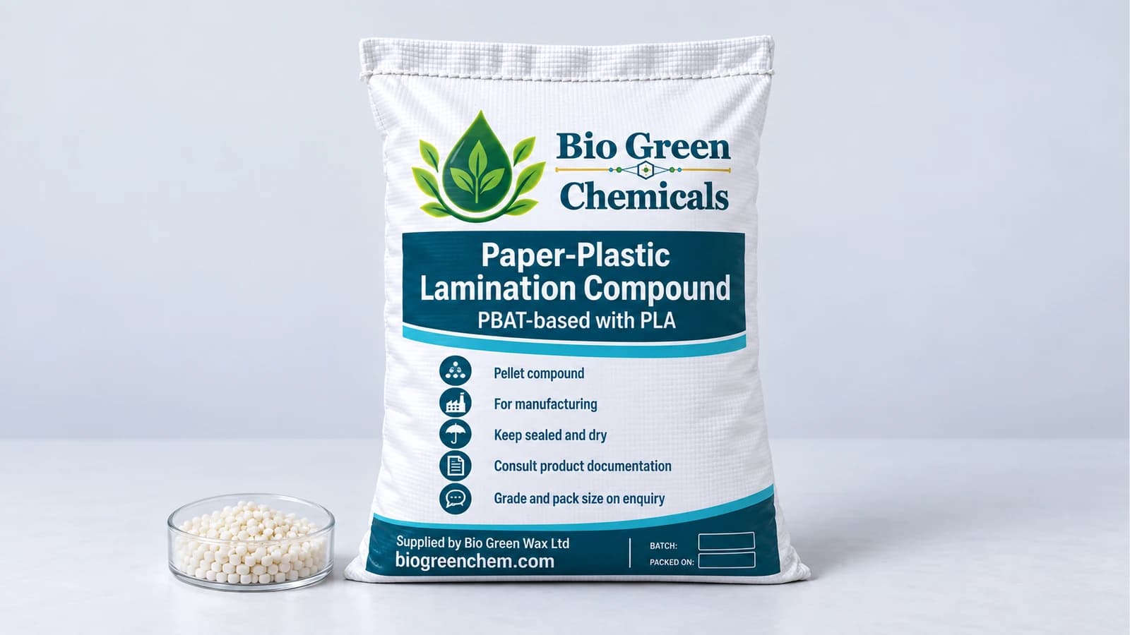Paper-Plastic Lamination Compound (PLA/PBAT) – Biopolymers & compostable compounds product from Bio Green Chem