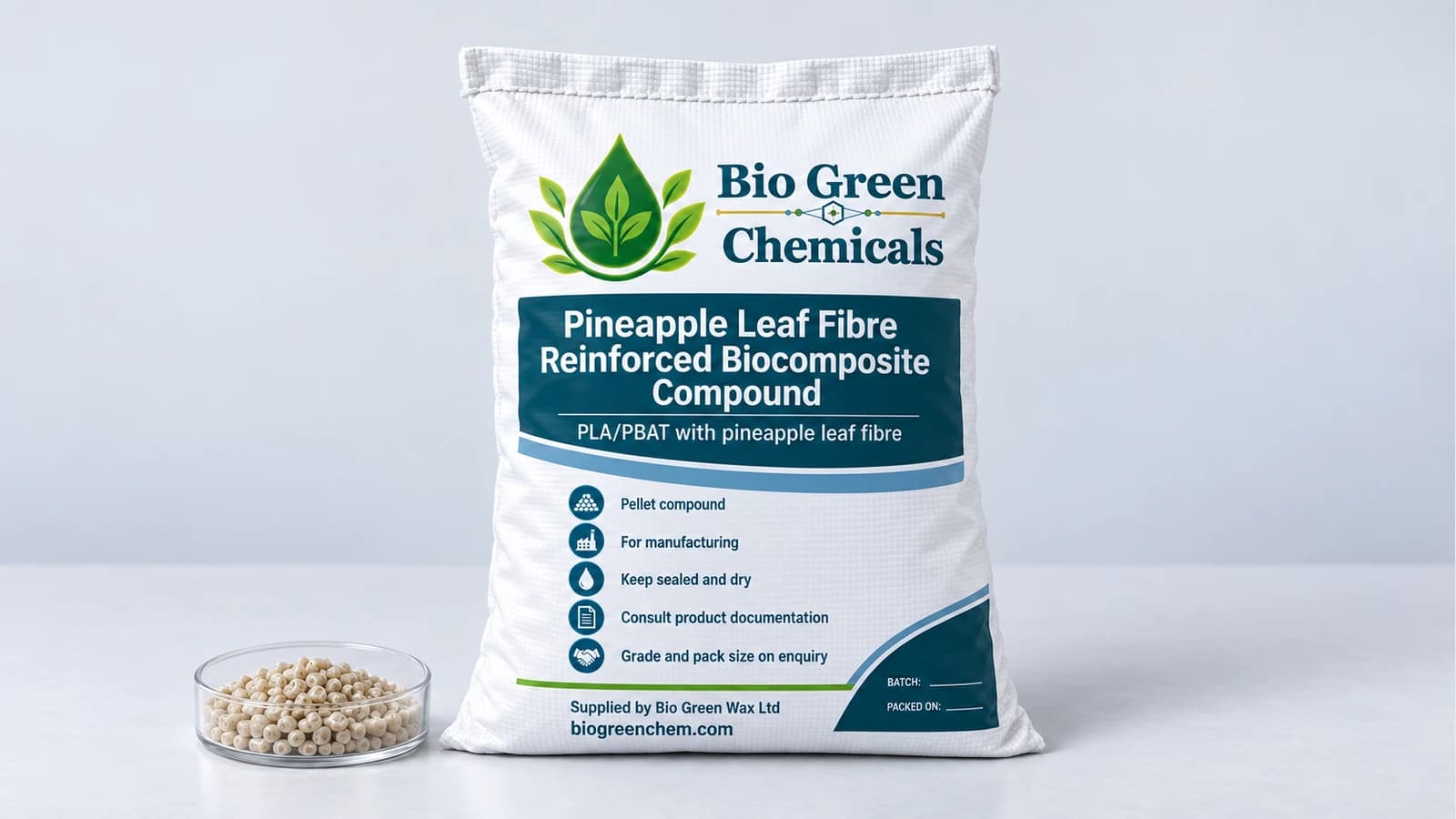 Pineapple Leaf Fibre Reinforced Biocomposite Compound (PLA/PBAT) – Biopolymers & compostable compounds product from Bio Green Chem