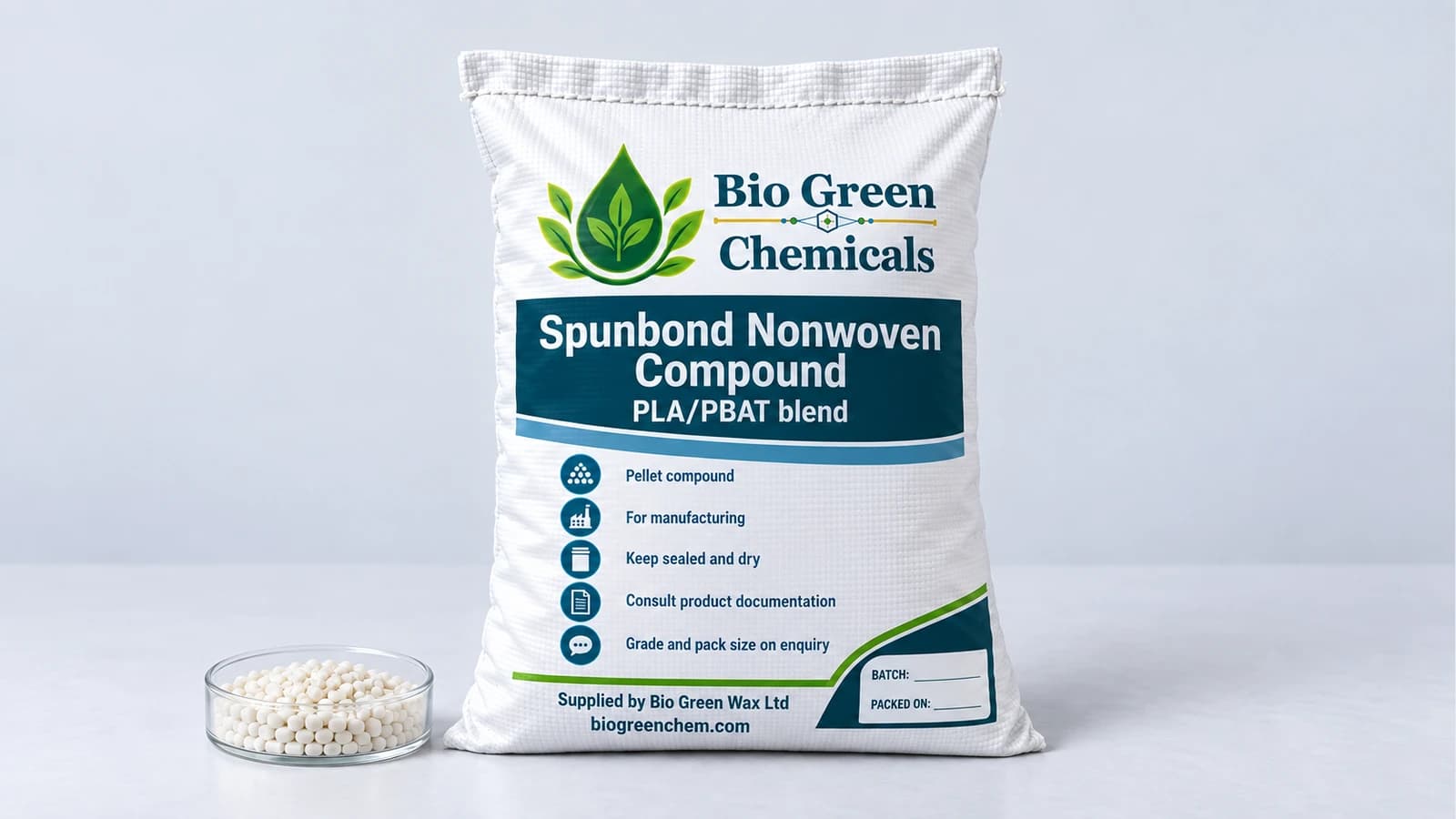 Spunbond Nonwoven Compound (PLA/PBAT) – Biopolymers & compostable compounds product from Bio Green Chem