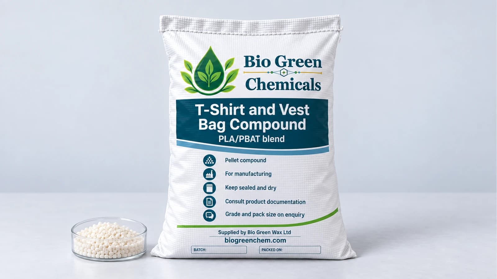 T-Shirt and Vest Bag Compound (PLA/PBAT) – Biopolymers & compostable compounds product from Bio Green Chem