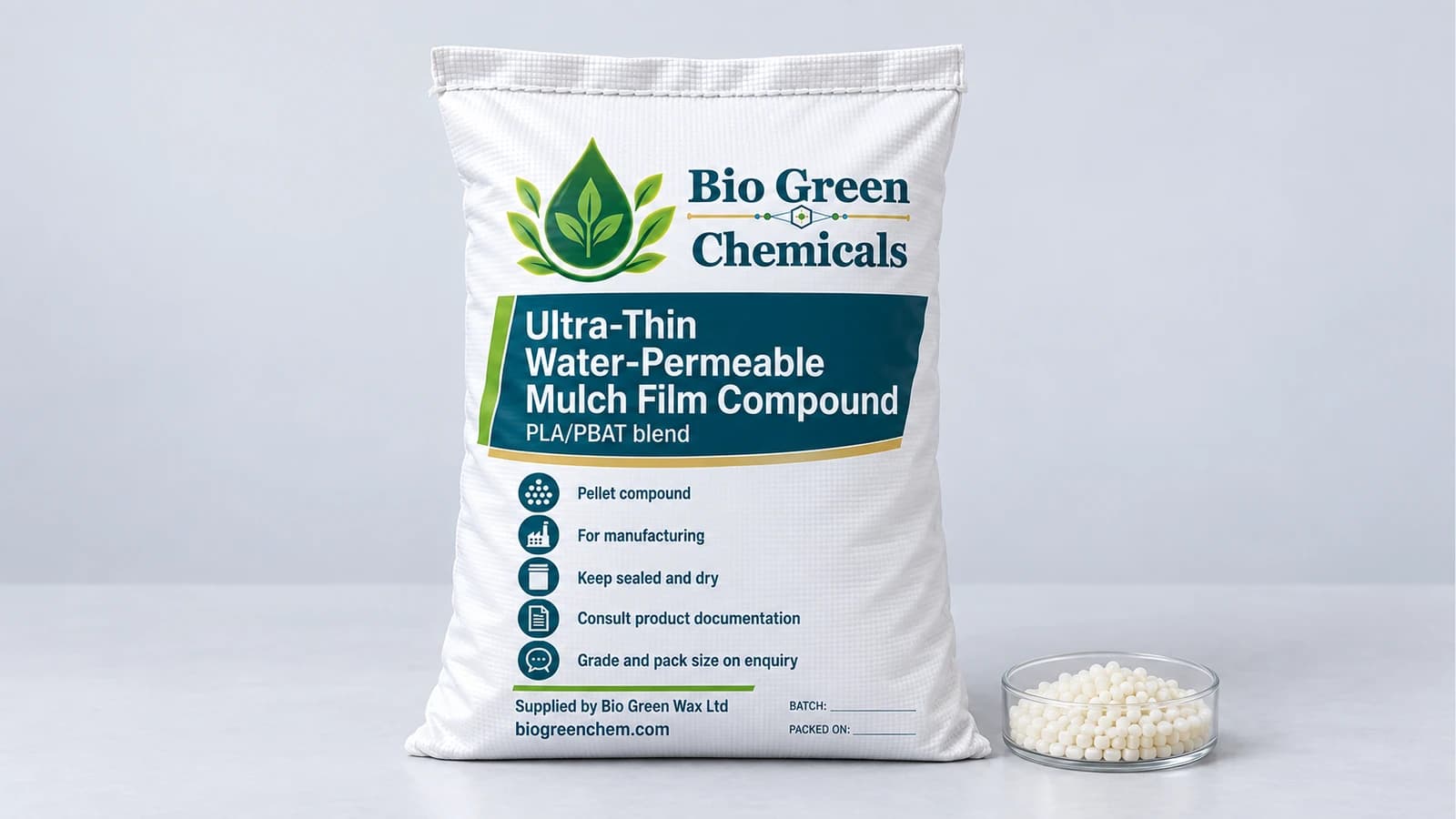 Ultra-Thin Water-Permeable Mulch Film Compound – Biopolymers & compostable compounds product from Bio Green Chem