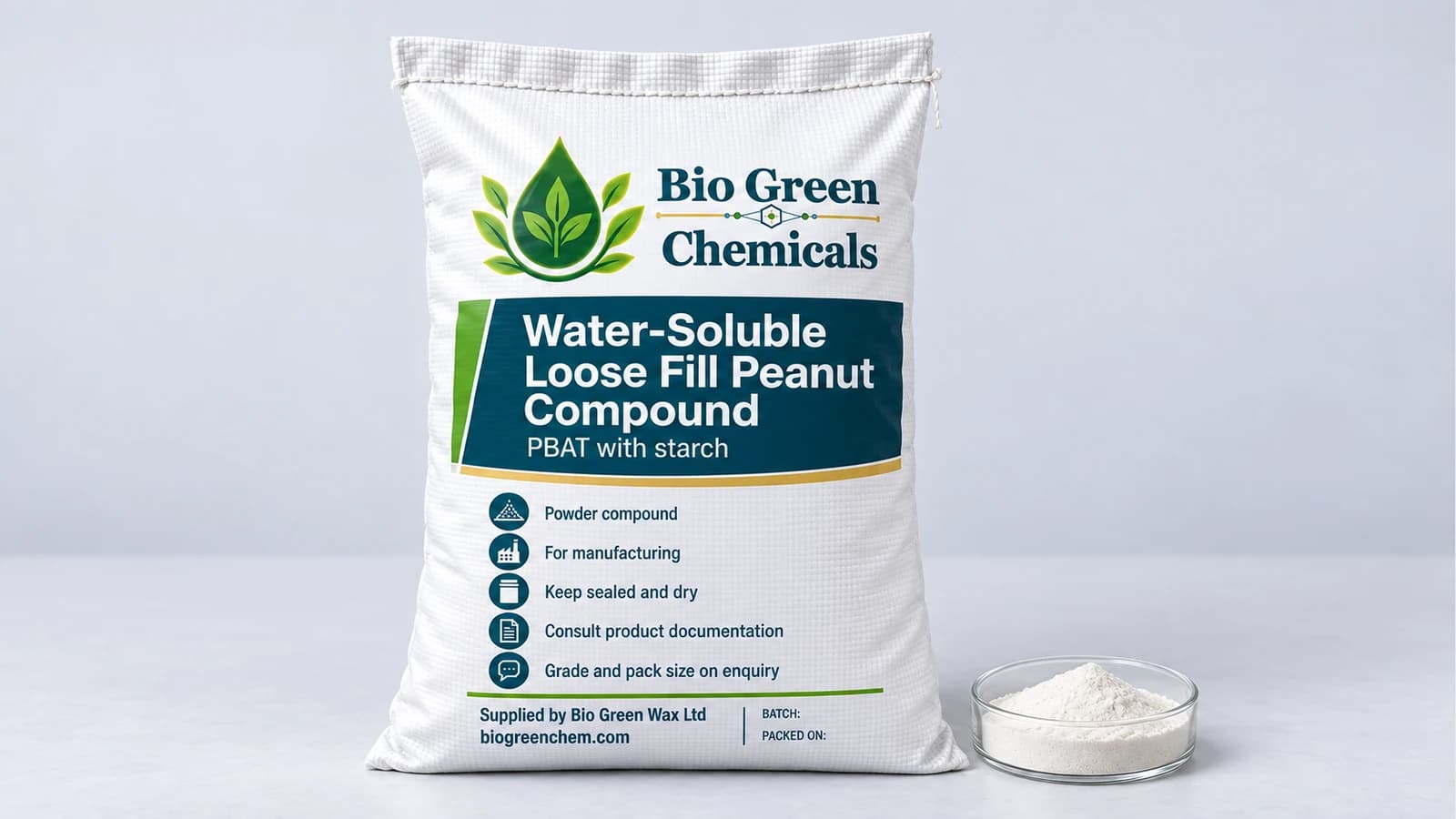 Water-Soluble Loose Fill Peanut Compound (PBAT/Starch) – Biopolymers & compostable compounds product from Bio Green Chem