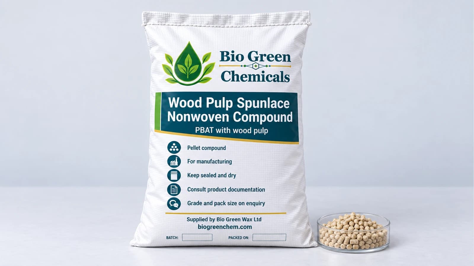 Wood Pulp Spunlace Nonwoven Compound (PBAT) – Biopolymers & compostable compounds product from Bio Green Chem