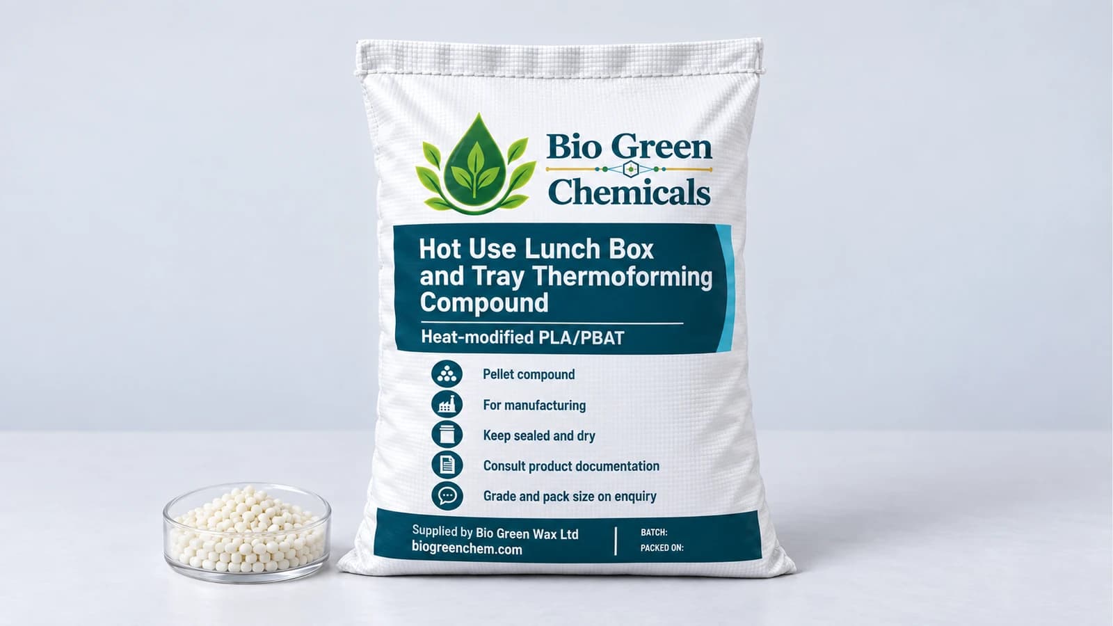 Hot Use Lunch Box and Tray Thermoforming Compound (80C, Microwaveable, FDA) – Biopolymers & compostable compounds product from Bio Green Chem