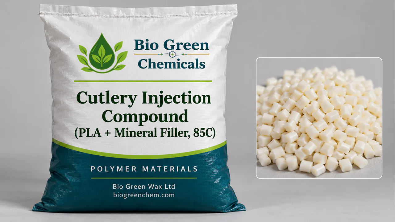 Cutlery Injection Compound (PLA + Mineral Filler, FDA, 85C) – Biopolymers & compostable compounds product from Bio Green Chem